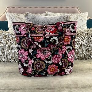 VERA BRADLEY Mod Floral Pink Large Toggle Tote 2 Handles Y2K Brown 2007 REPAIRED